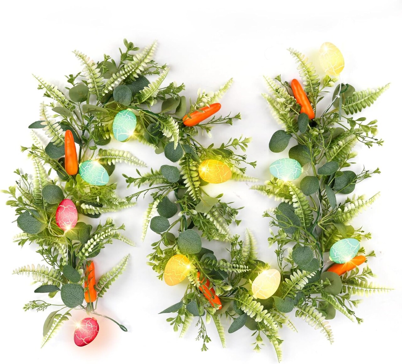 6 ft Easter Garland – Artificial Fern with 10 Glowing Eggs & 6 Carrots for Home Decor